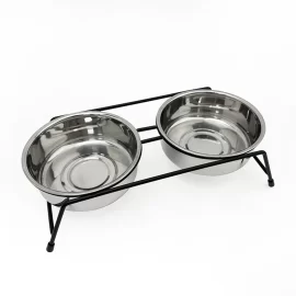Comedouro duplo para cães em aço inoxidável com suporte